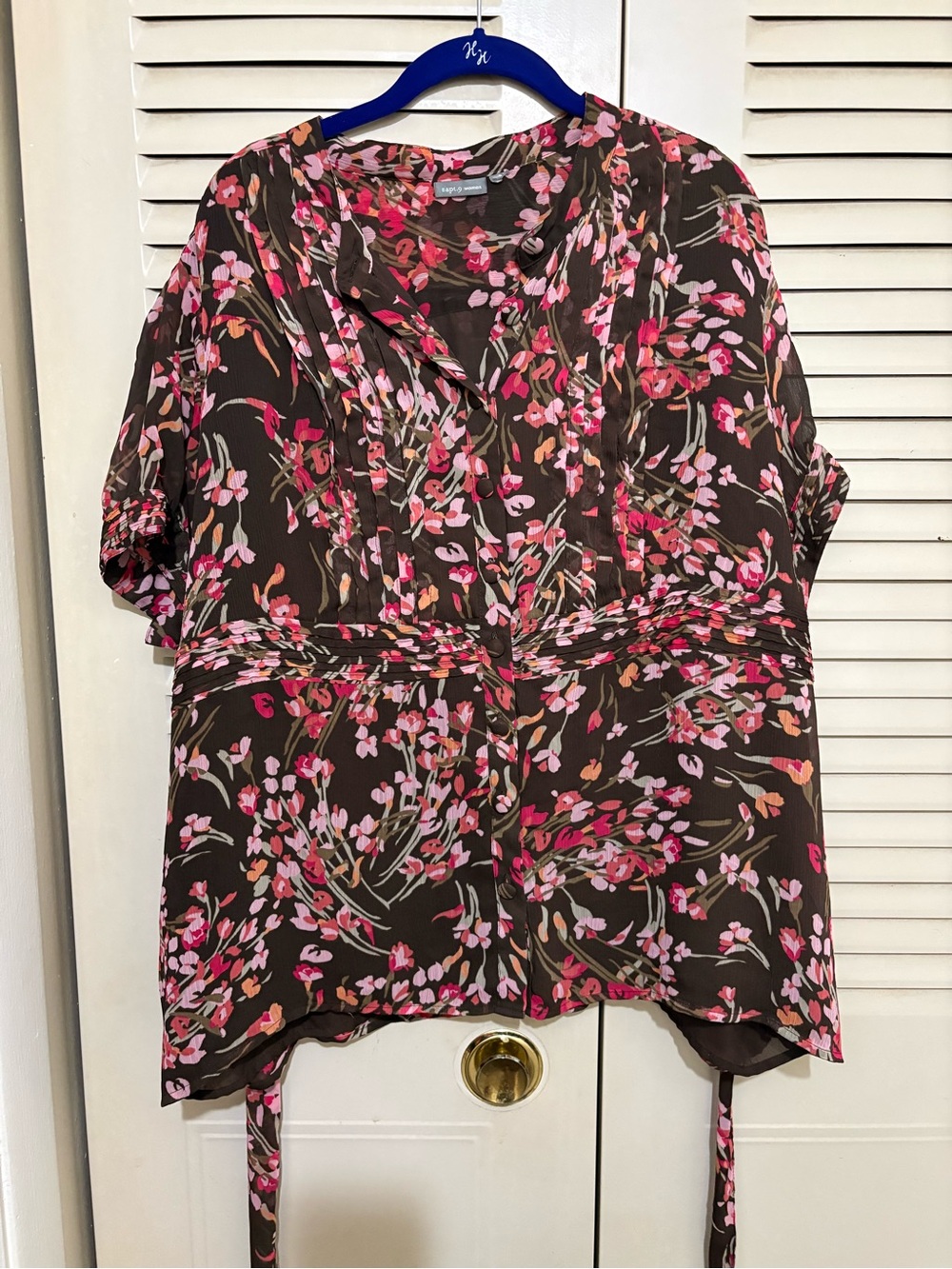 Apt. 9 Brown Floral Tie-Waist Blouse with Pink and Coral Accents